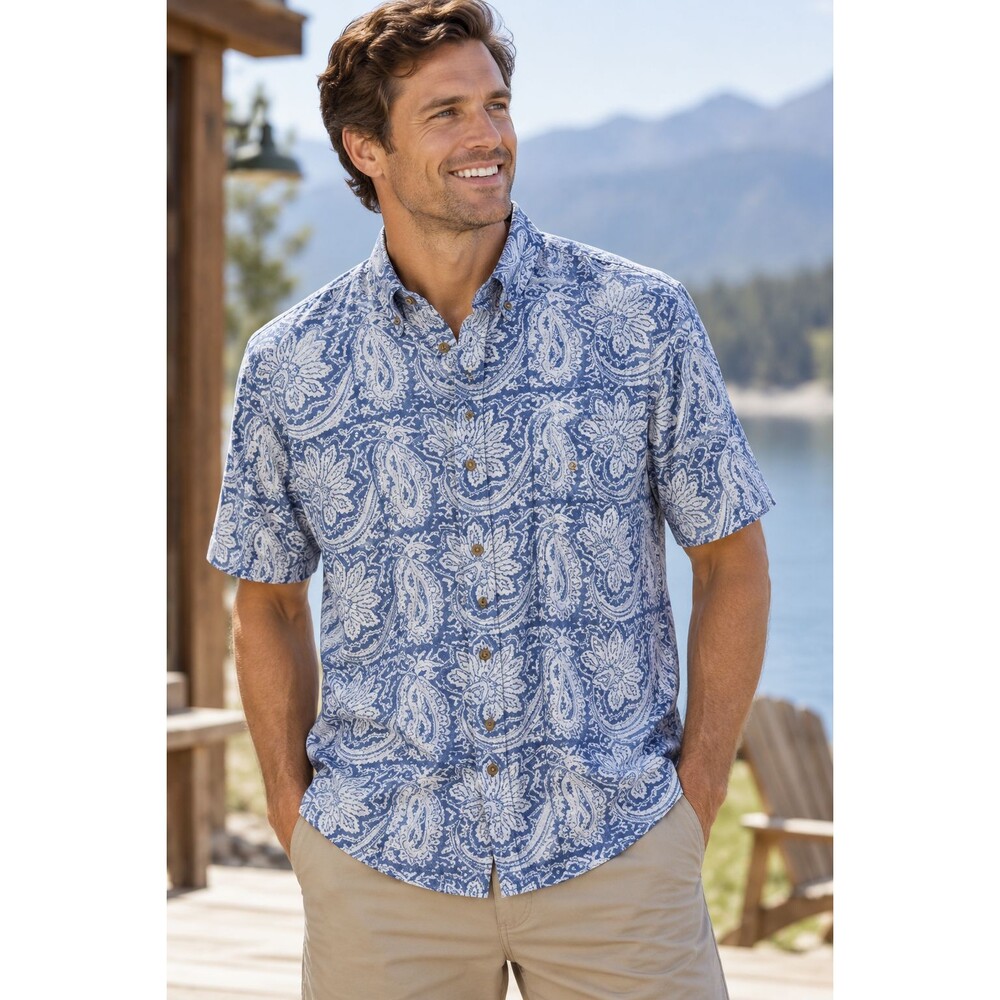 NWT Orvis Mens 2XL Classic Fit Short Sleeve Button Down Shirt Blue Paisley Beach